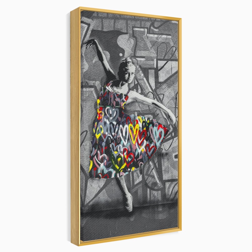 Tablou canvas cu tablou canvas cu balerina stilizata, in rama de aluminiu auriu
